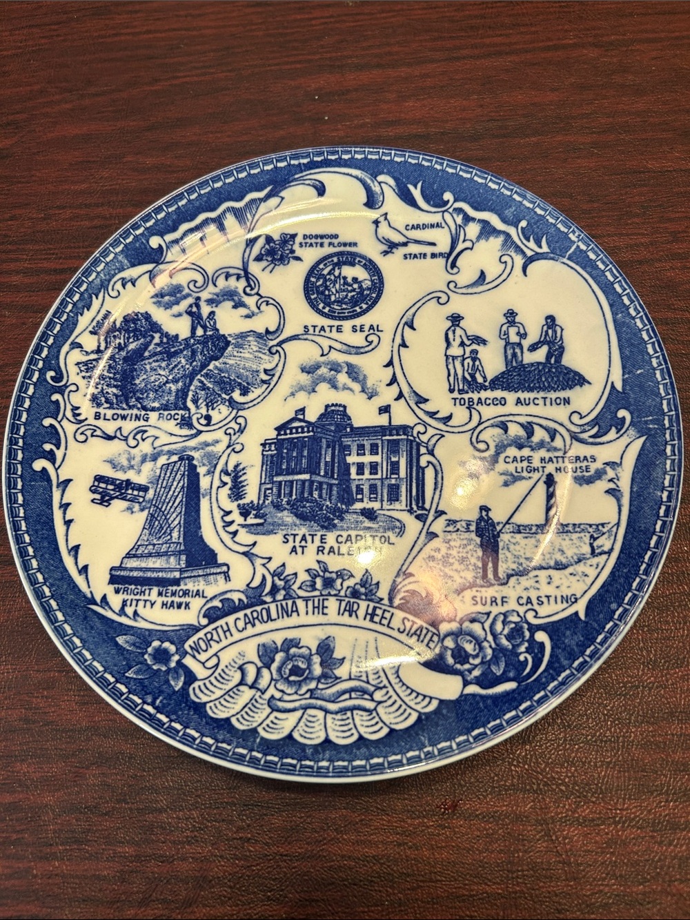 Antique Blue & White North Carolina Souvenir Plate; Beautiful and Perfect!